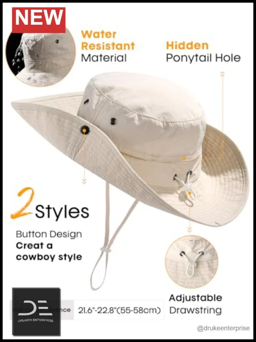 Ponytail Wide Brim Sun Hat UV Protection Packable Cowboy Style